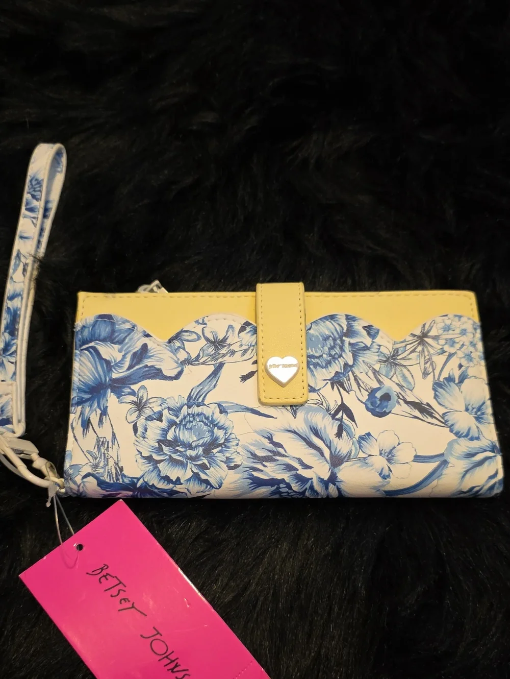 Betsey Johnson Yellow & Blue Floral Wristlet Wallet with Heart Snap